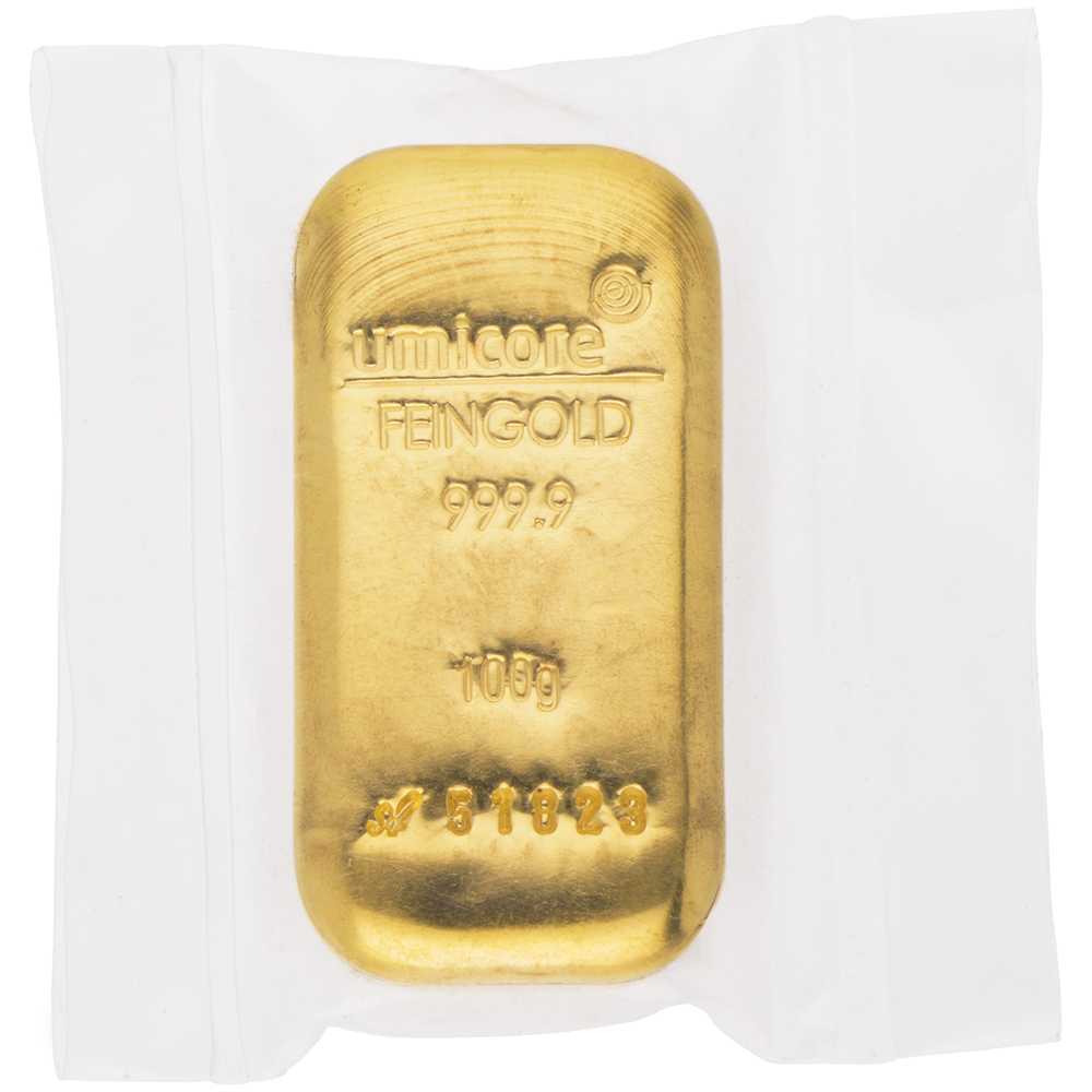 Barre d'or coulée Umicore certifié de 100 gramme