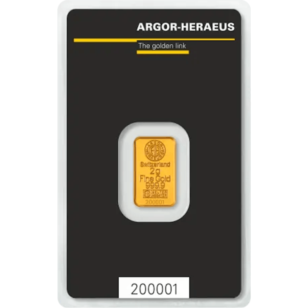 Lingot d'or Argor Heraeus Kinebar® certifié de 2 gramme