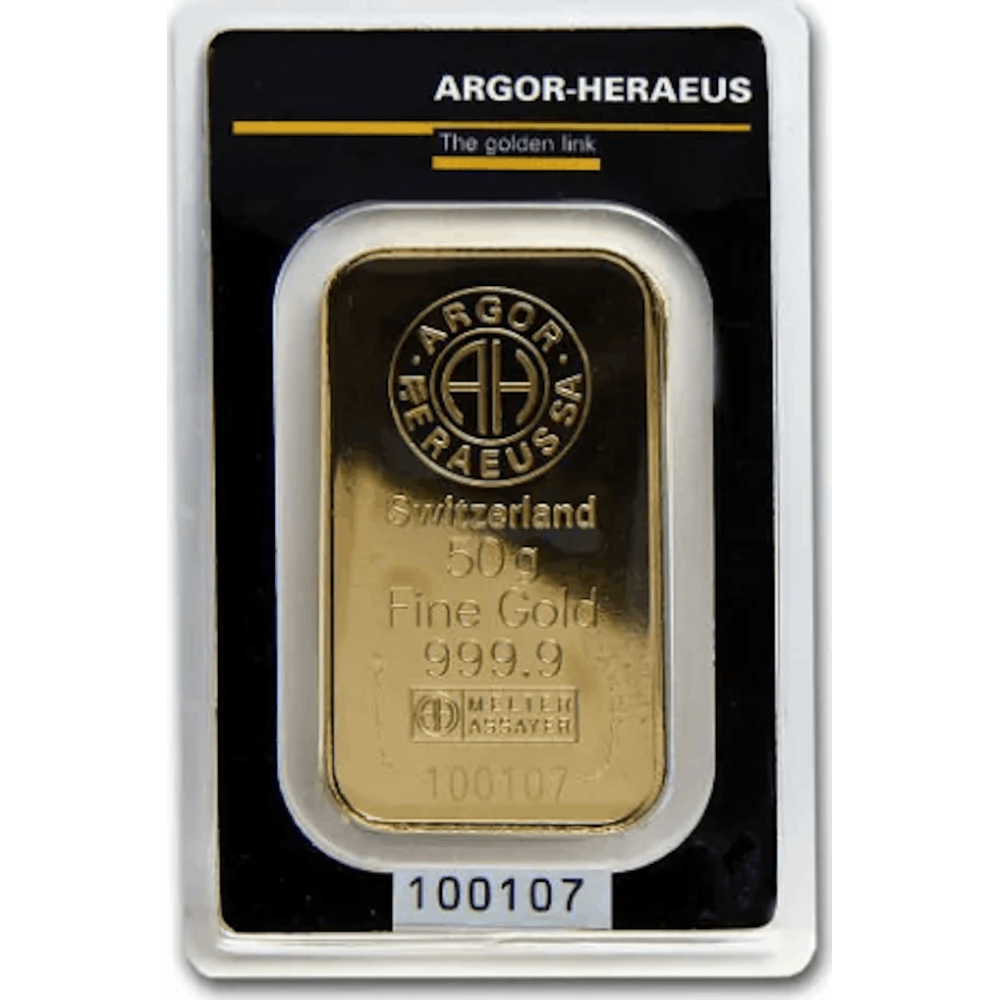 Lingot d'or Argor Heraeus Kinebar® certifié de 50 gramme