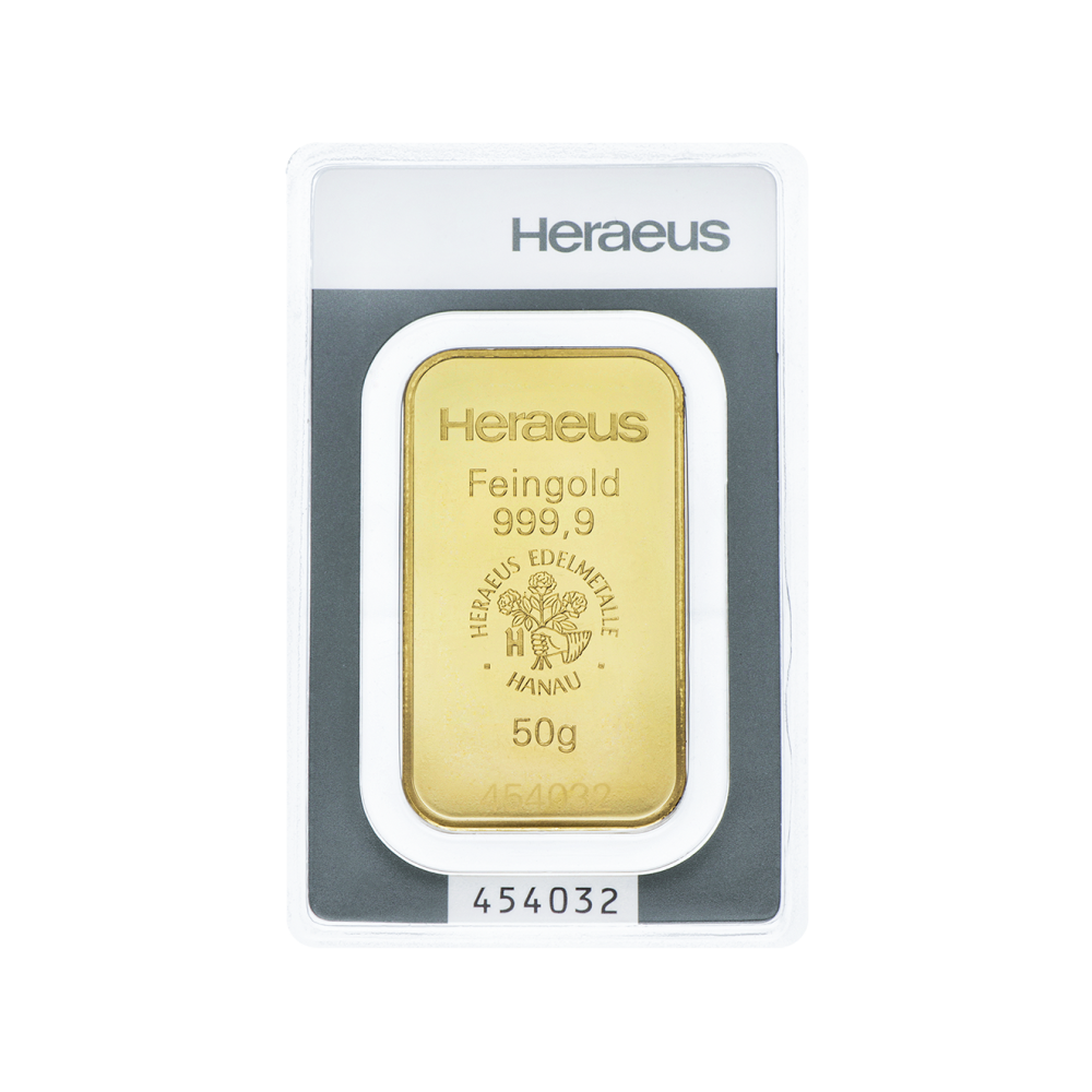 Lingot d'or Heraeus certifié de 50 gramme