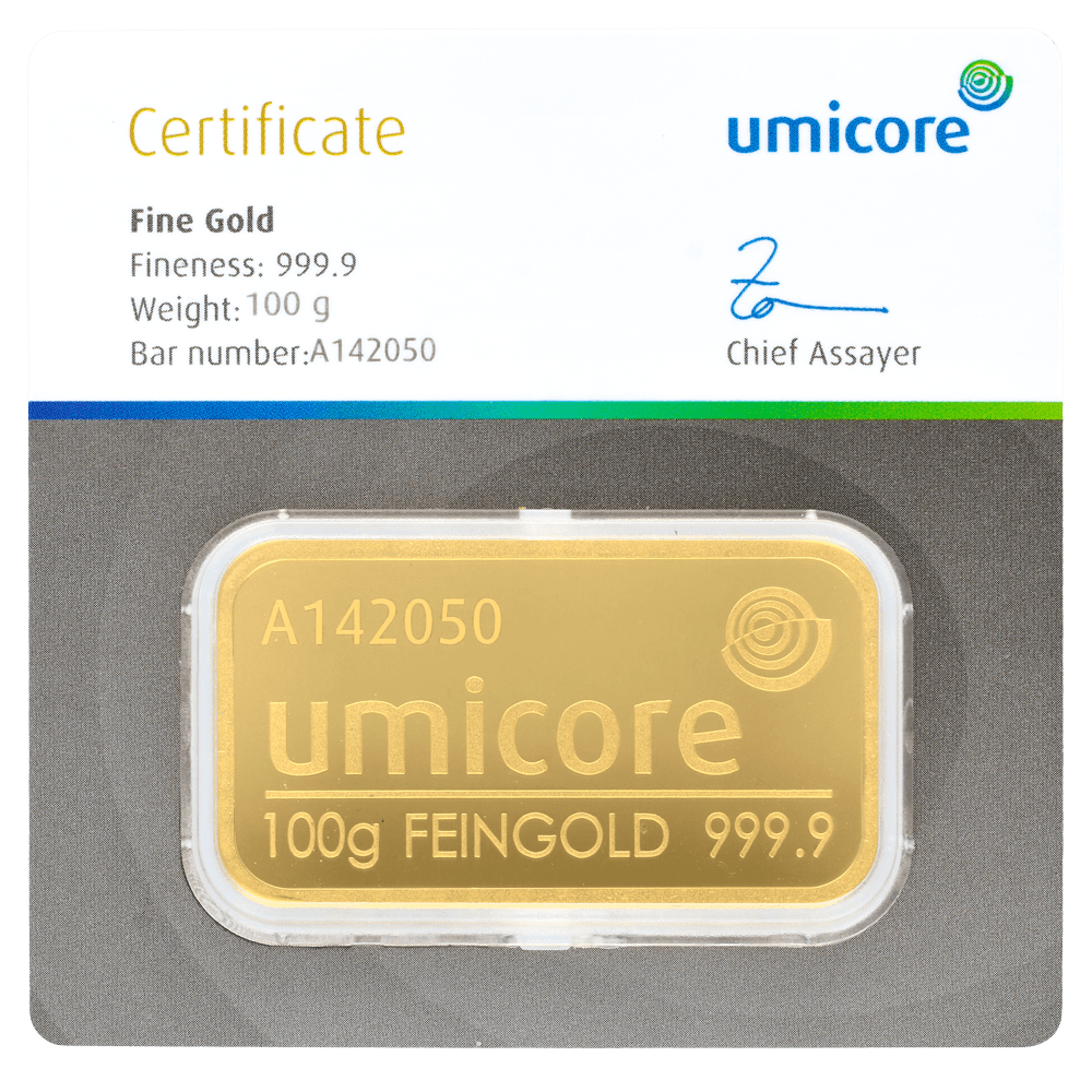 Lingot d'or Umicore certifié de 100 gramme
