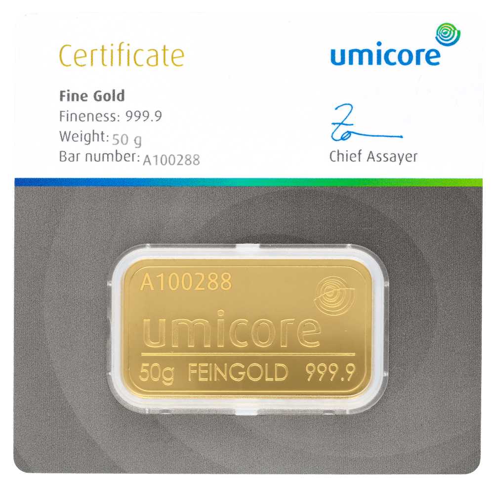 Lingot d'or Umicore certifié de 50 gramme