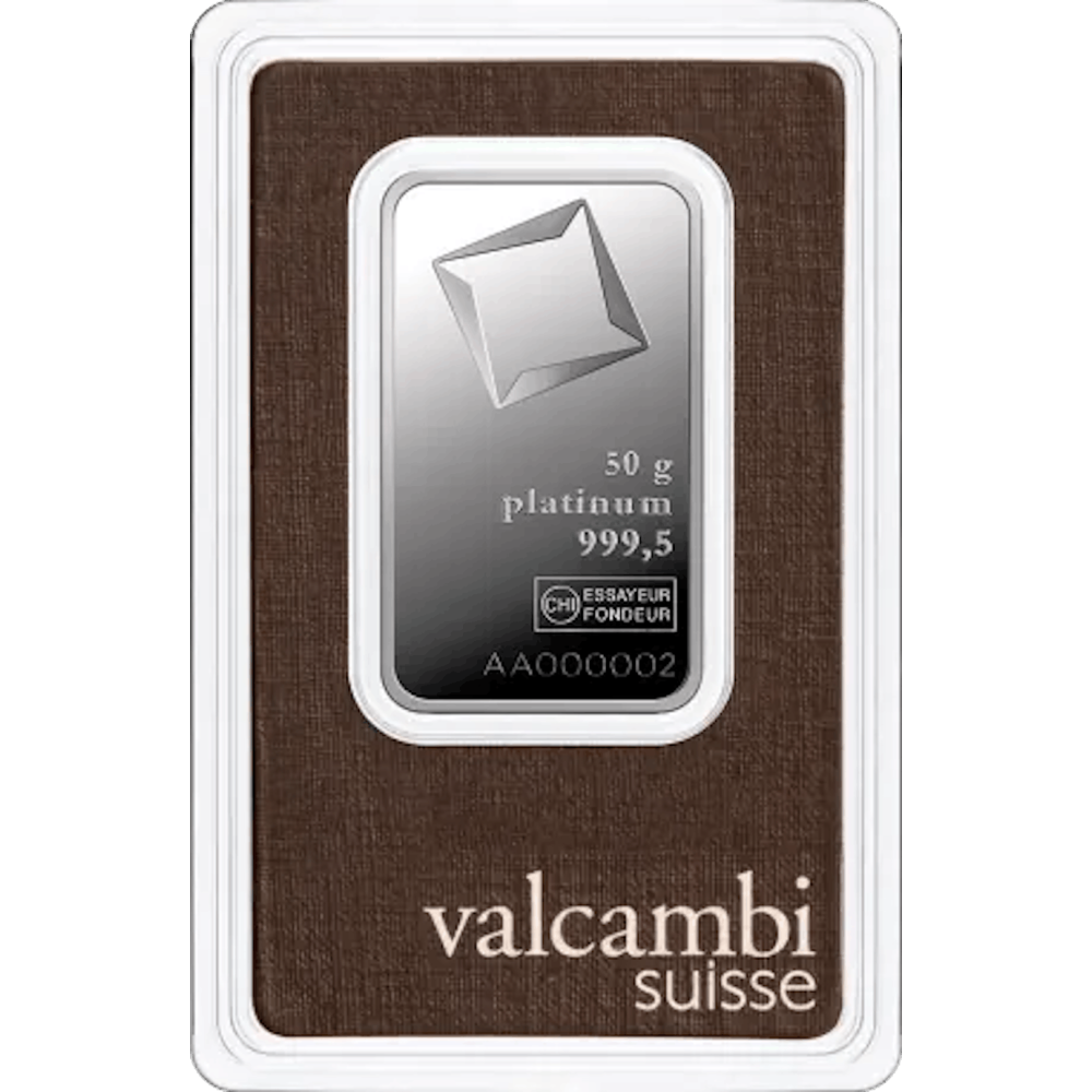 Lingot platine Valcambi certifié de 50 gramme